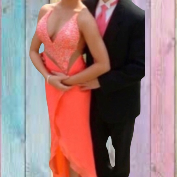 Tiffany Designs Dresses & Skirts - Tiffany Designs Coral Peach V-neck High Low Beaded Dress